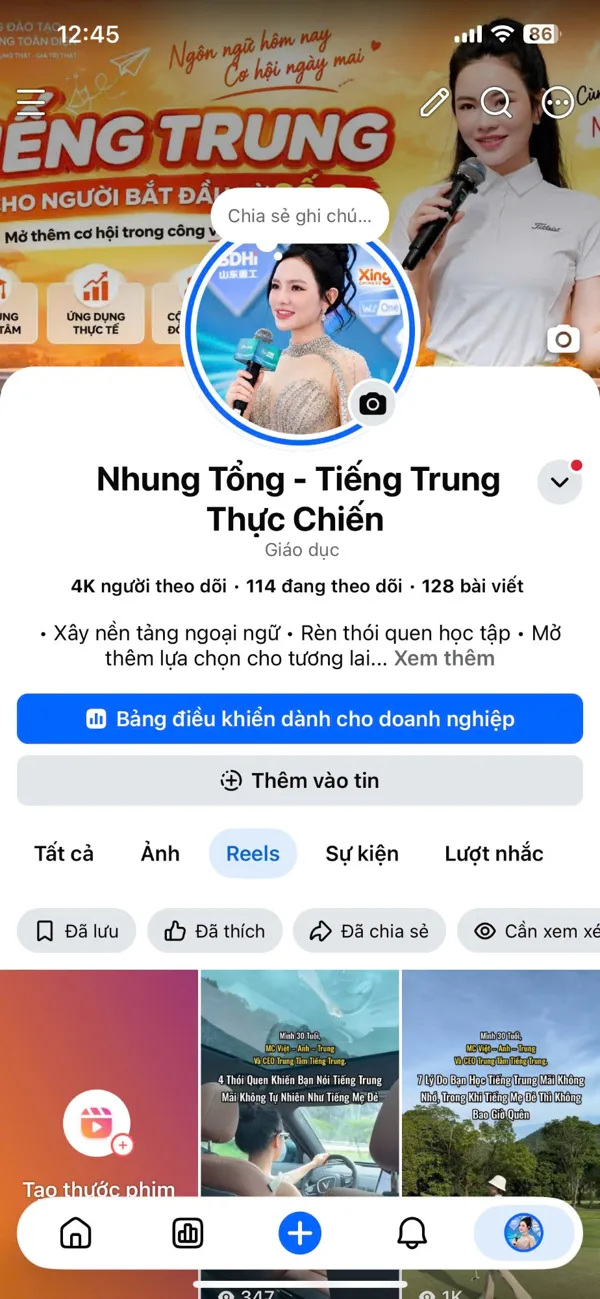 Fanpage Nhung Tổng - Tiếng Trung Thực Chiến đạt 4K người theo dõi