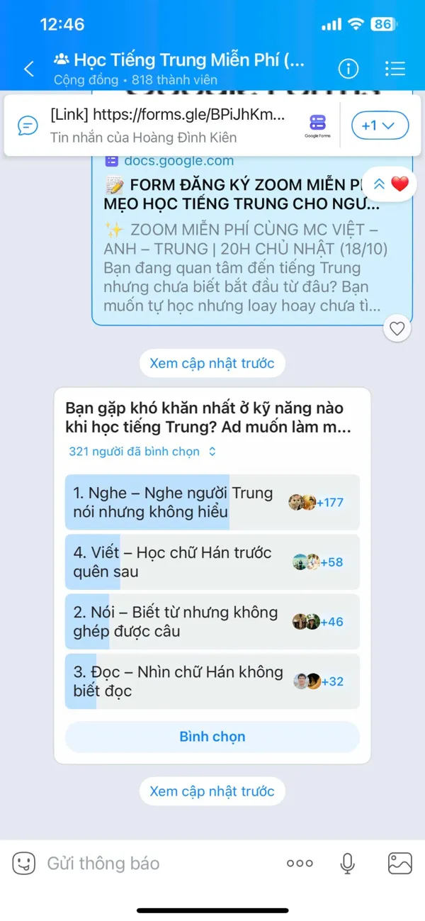 Cộng đồng Zalo Học Tiếng Trung Miễn Phí 818 thành viên, khảo sát 321 người bình chọn
